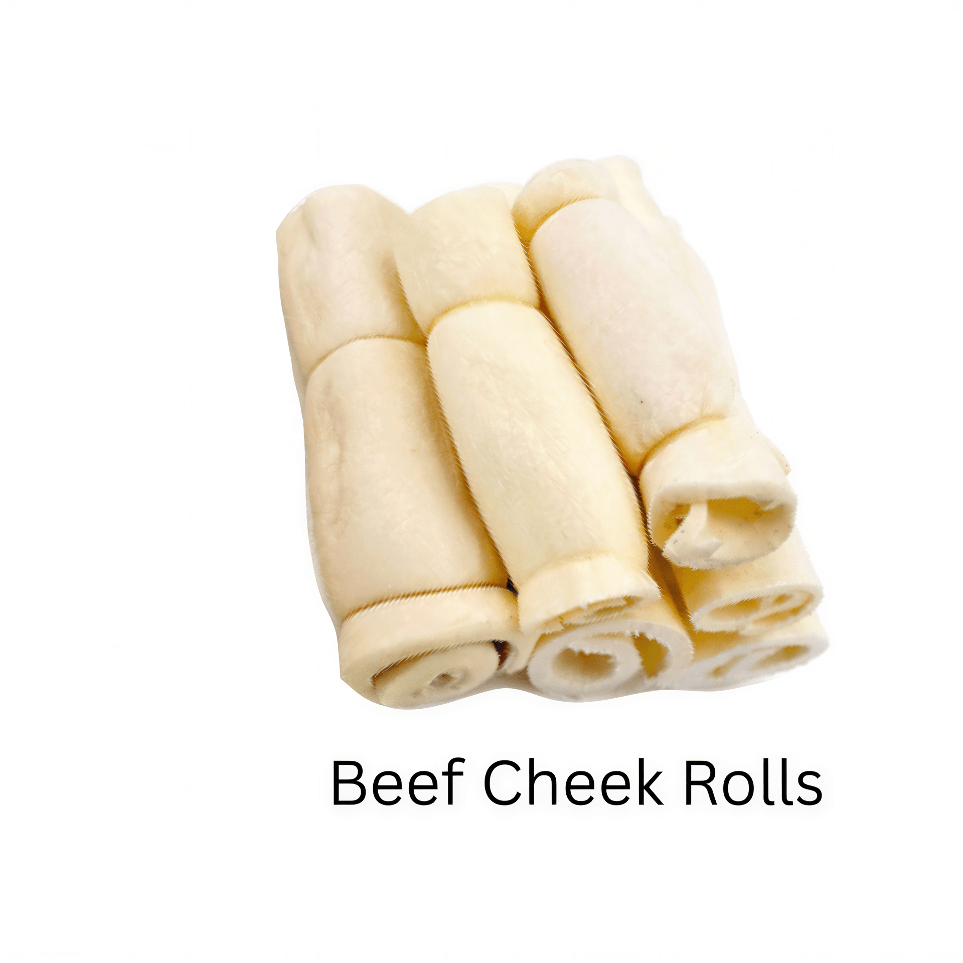 Rolled beef cheek rolls for dogs, three chews stacked, light beige color, odor-free and long-lasting.
