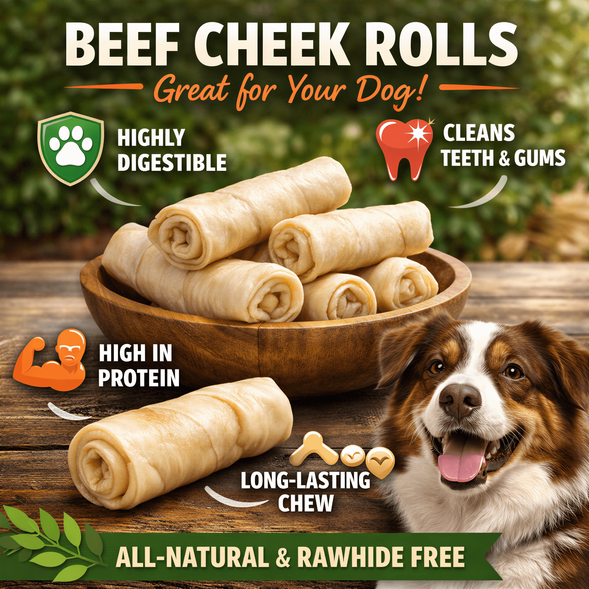 Rolled beef cheek rolls dog chews in a wooden bowl, featuring three long-lasting, odor-free treats.