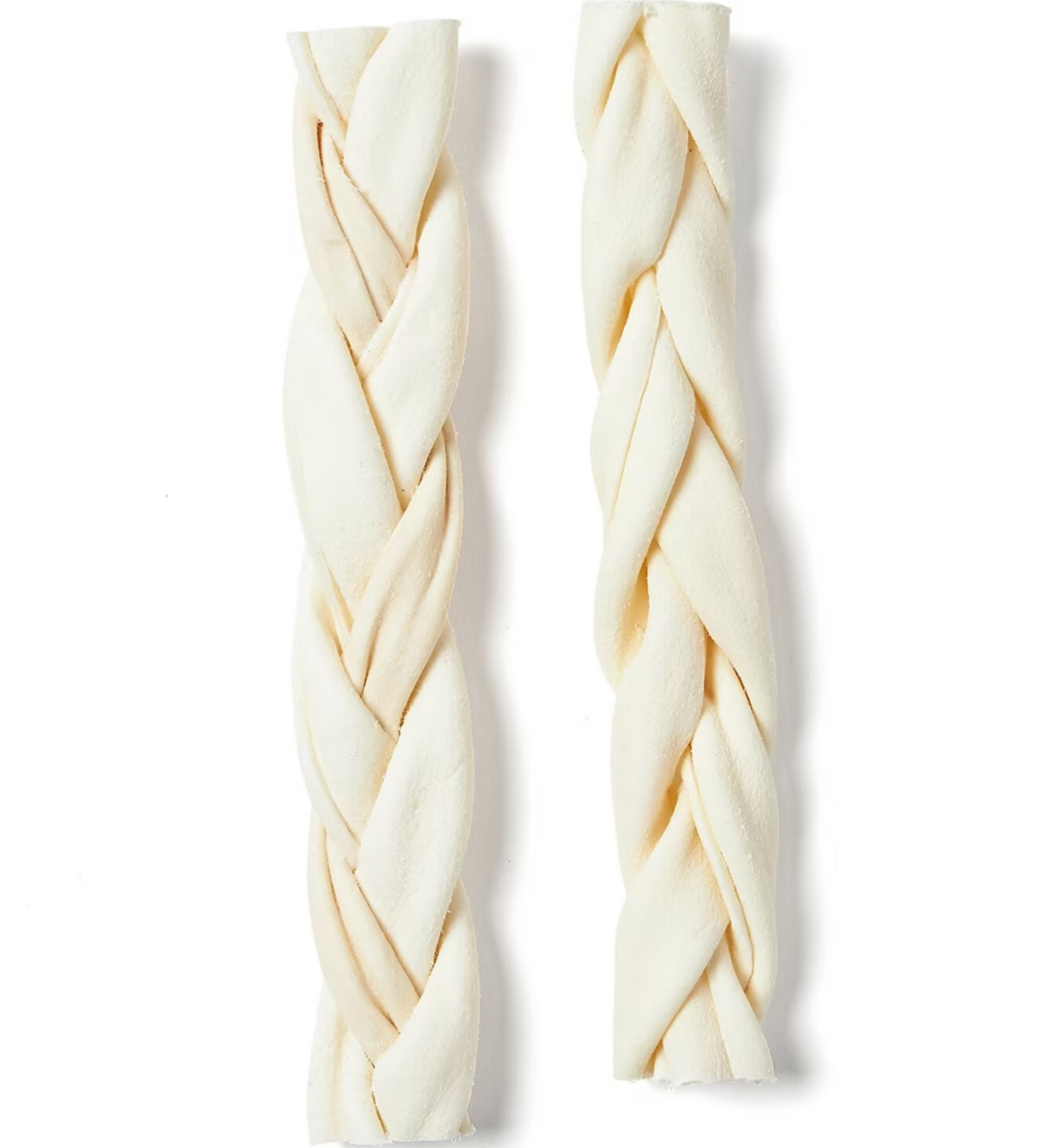 Two cream-colored braided beef cheek dog treats arranged vertically on a white background.