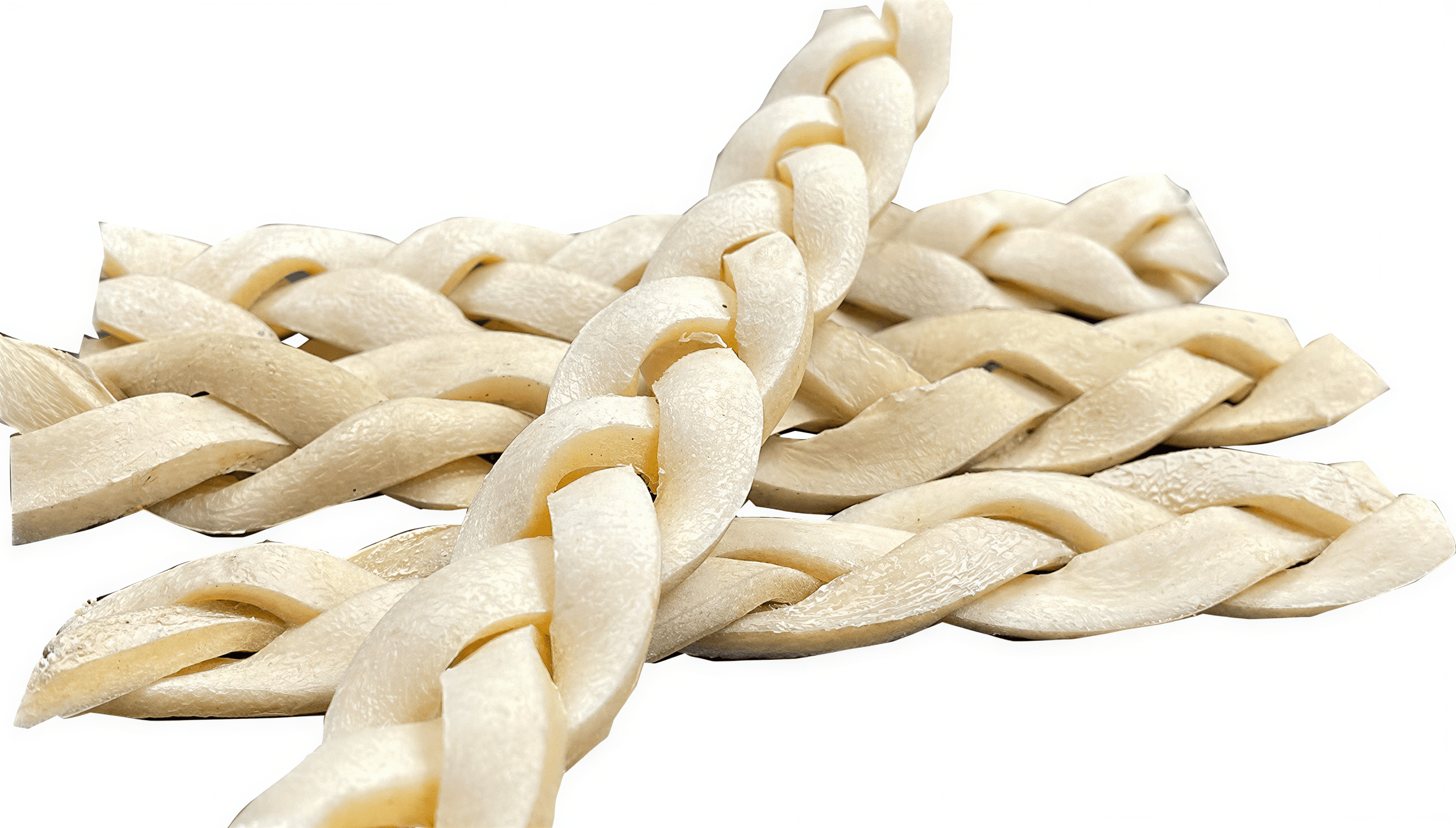 Several cream-colored braided beef cheek dog treats arranged in a pile on a white background.