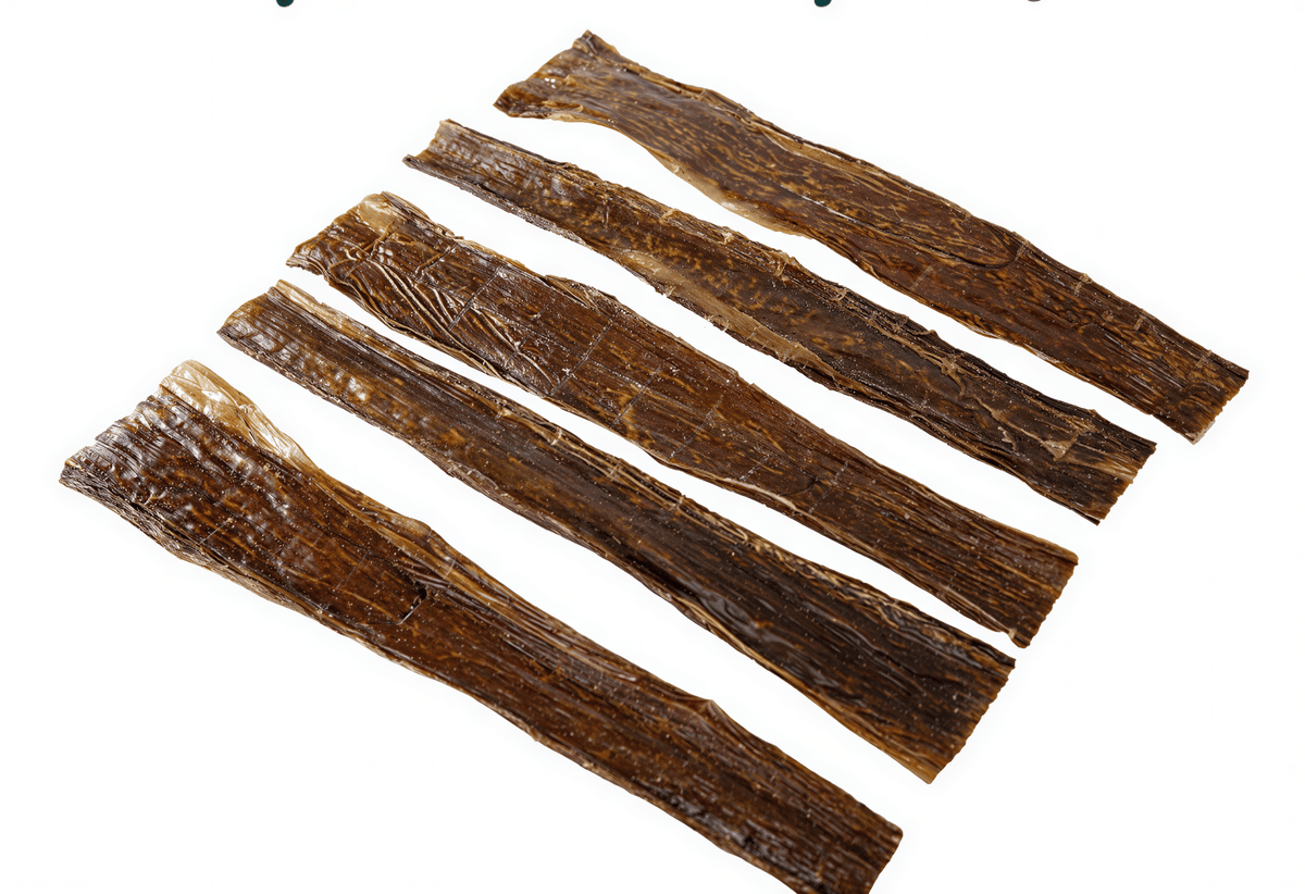 Five long, flat brown Beef Gullet Strips dog chews with a textured, dried surface arranged diagonally on a white background.