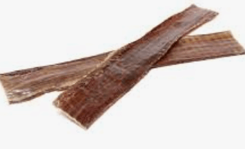 Two long, flat brown beef gullet strips crossed in an X shape on a white background.