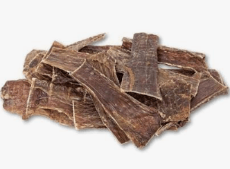 A pile of eight flat, textured brown Beef Gullet Strips dog chews arranged in a stack on a white background.