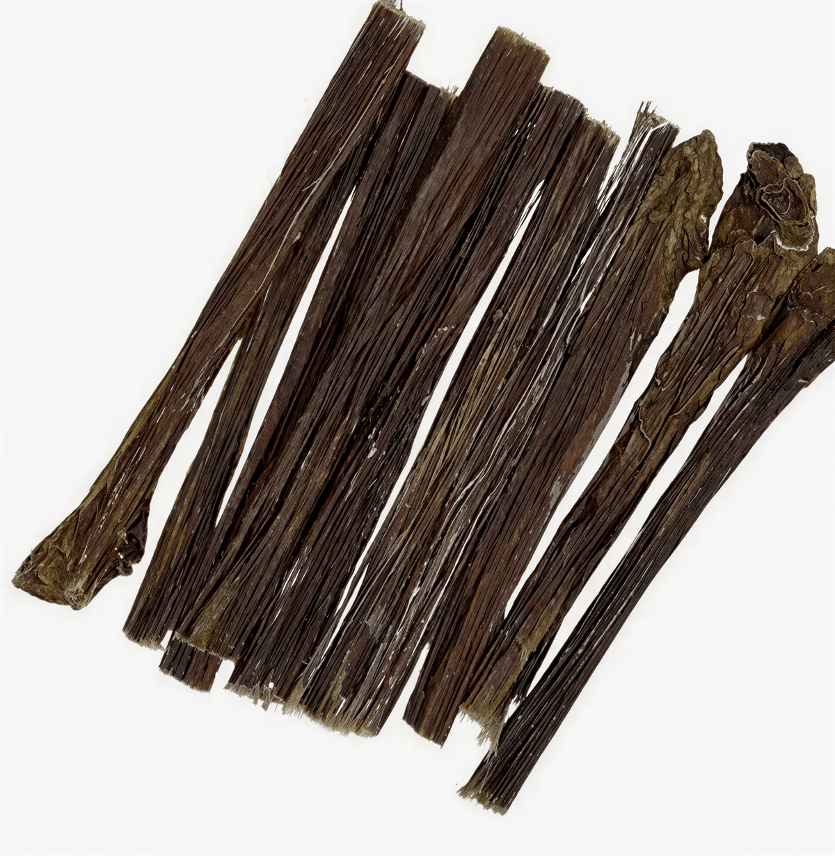 Eight long, dark brown textured Beef Gullet Sticks arranged vertically on a white background.