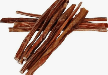 Eight long, brown, textured Beef Gullet Sticks arranged in a crosswise stack on a white background.