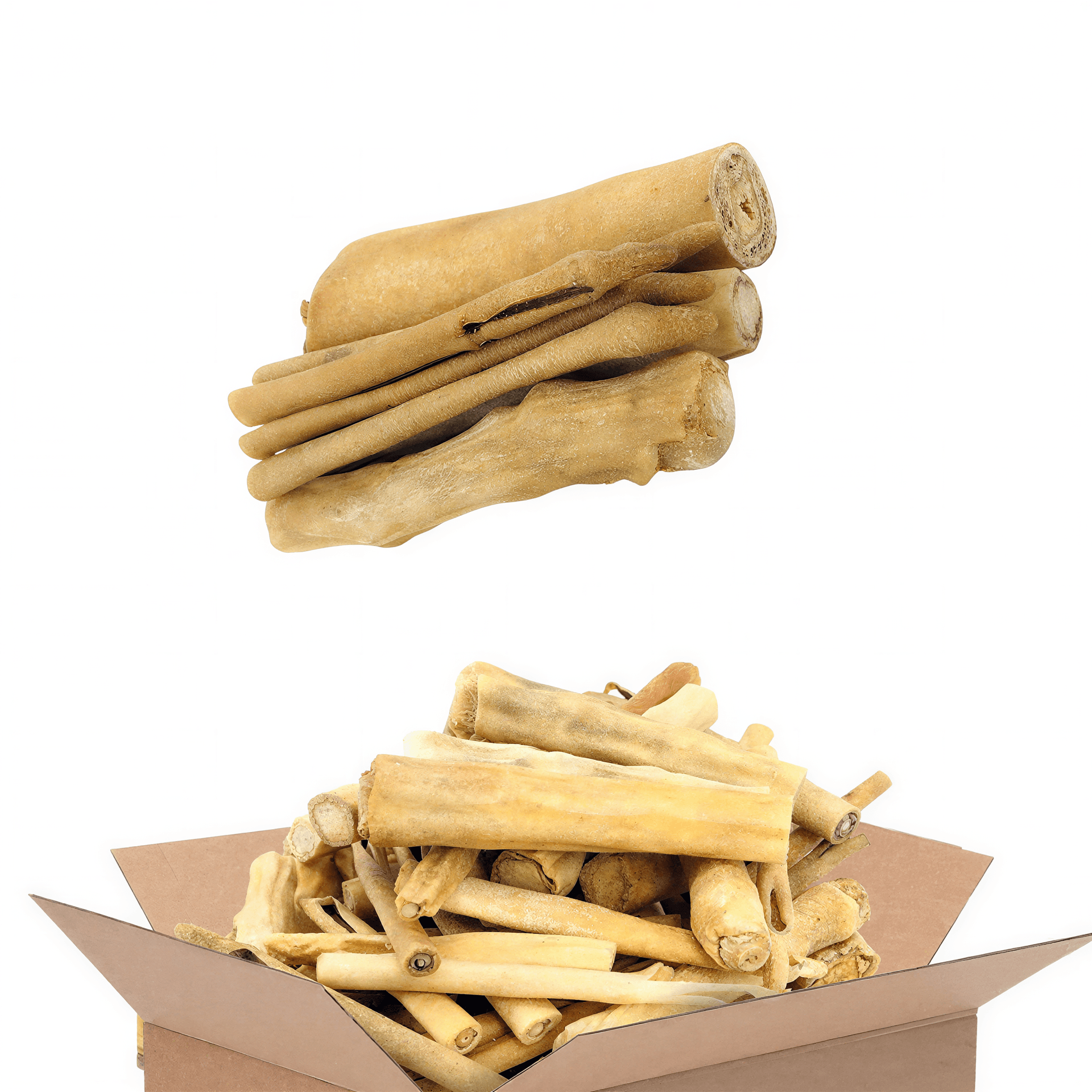 Cow tails all natural dog chews stacked above a box filled with more chews, showcasing their light brown color and texture.