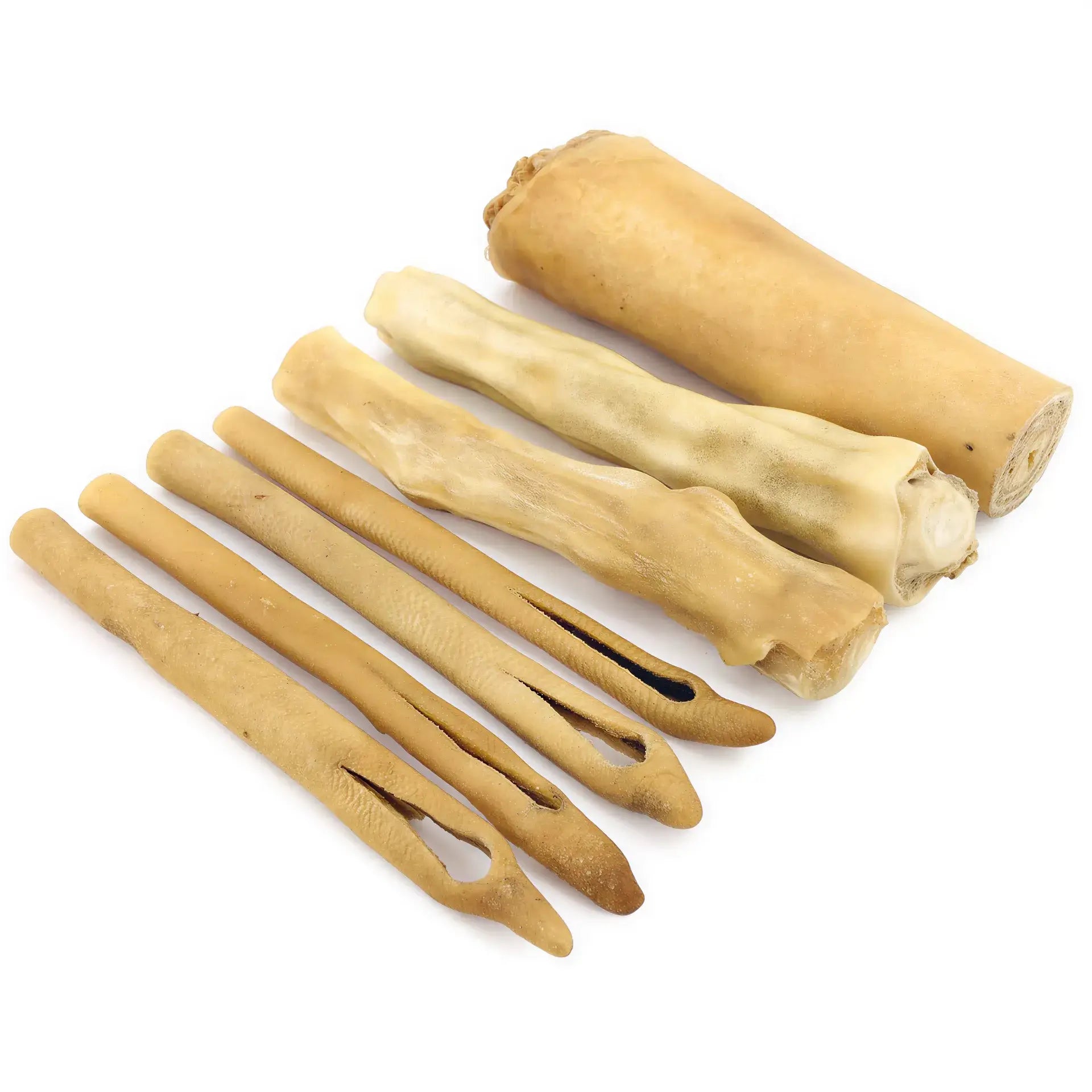 Cow Tails all-natural dog chews in an 8-pack, featuring various sizes of light brown, hard chews.