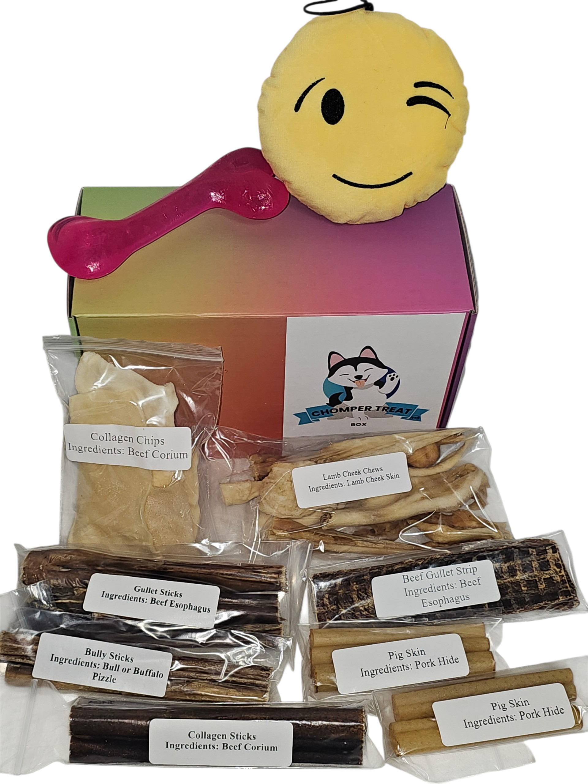 Light chewer puppy teething box with assorted natural dog chews, including collagen chips, beef sticks, and a smiley toy.