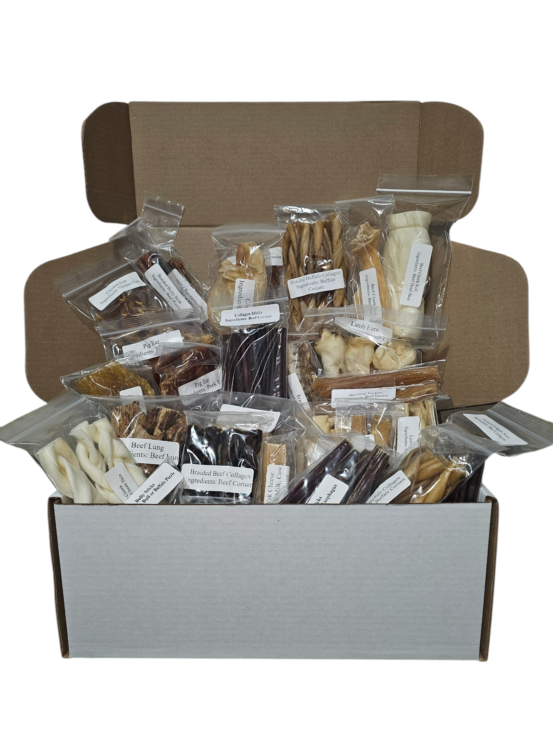 Open cardboard box filled with many clear plastic bags of brown and tan dog chews, including Beef Lung and Collagen Sticks.