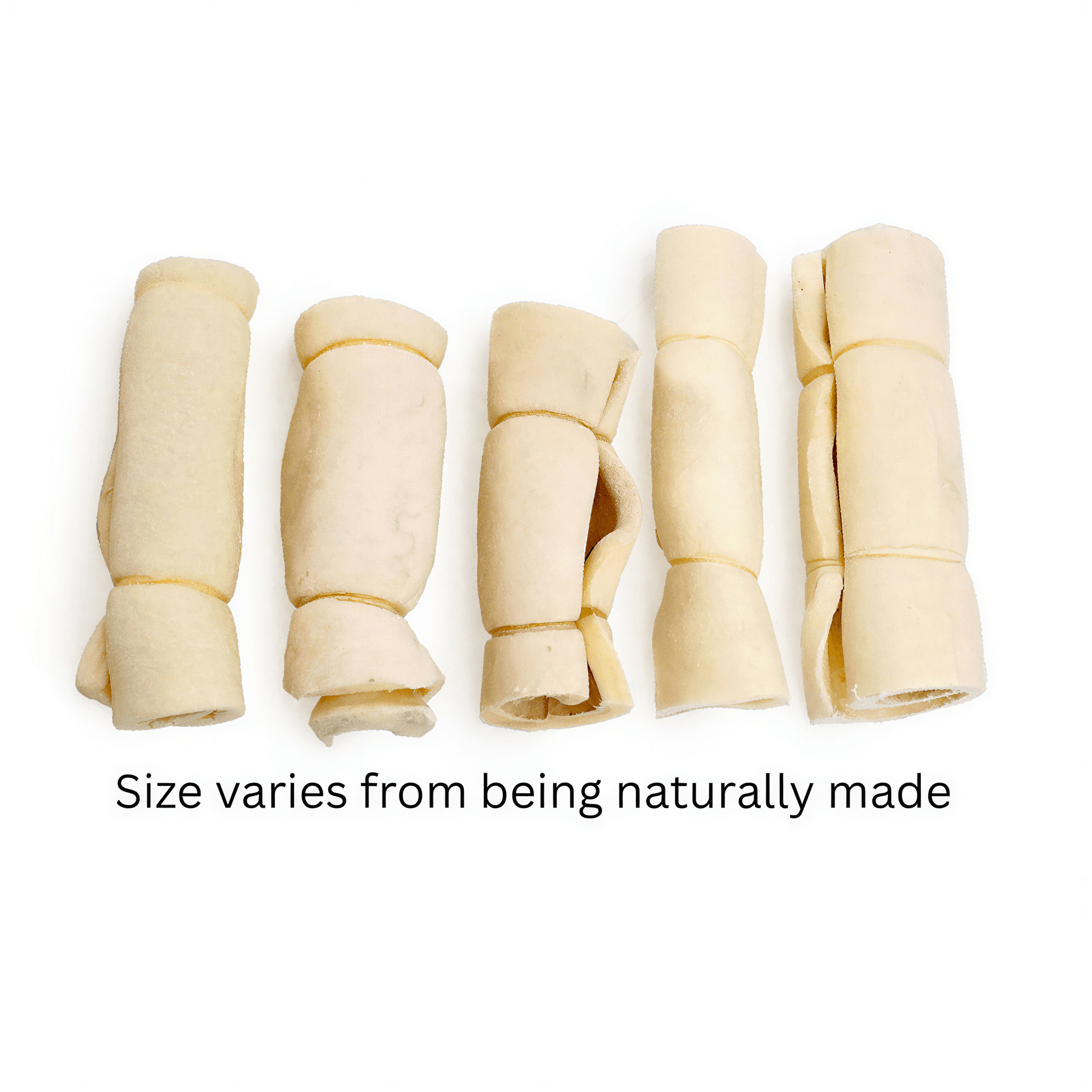 Rolled beef cheek rolls dog chews in various sizes, featuring a light beige color and a smooth texture.